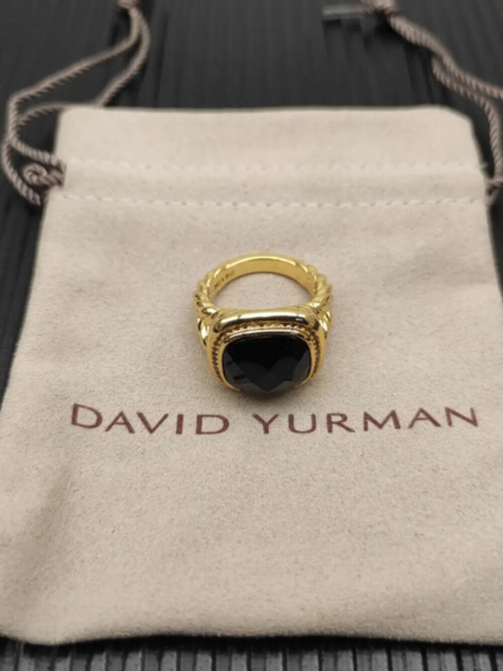 David Yurman Gold Square Diamond and Black Diamond Ring